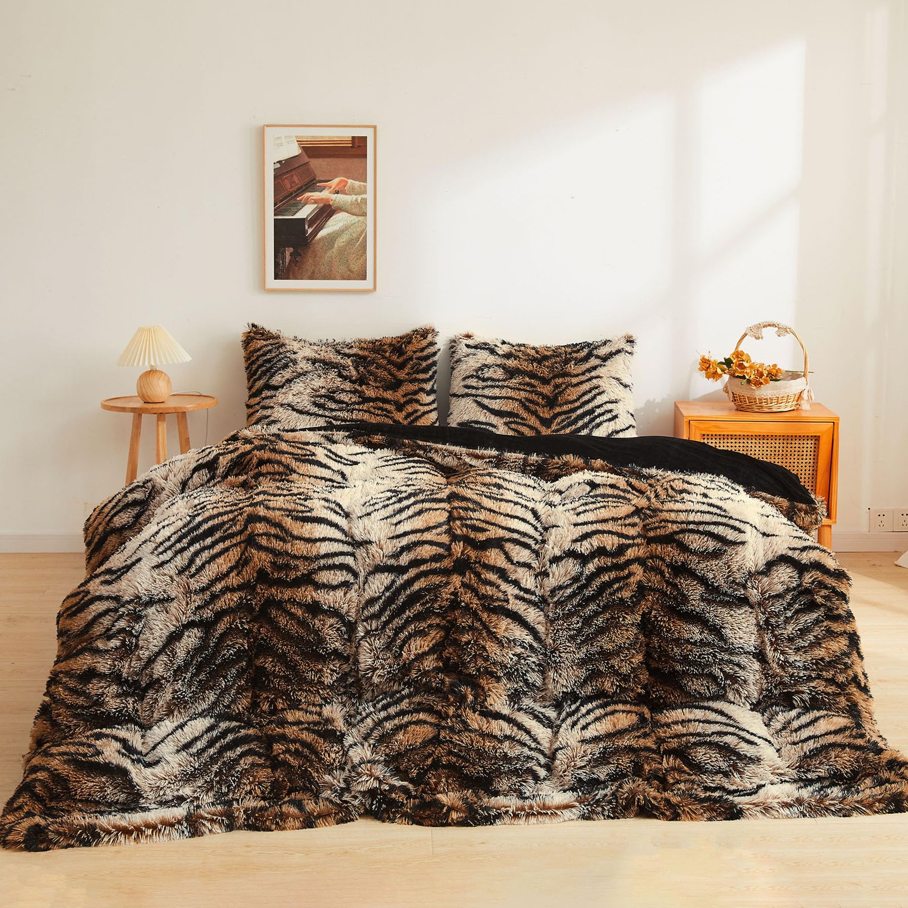Xege Tiger Print Fluffy Faux Fur Duvet Cover Set, 3 Pieces Soft Plush Shaggy Fuzzy Bedding Set(1 Farmhouse Comforter Cover + 2 F